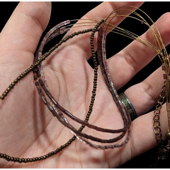 Simple Layered Brown And Purple Glass Beaded Necklace - Picture 5 of 6